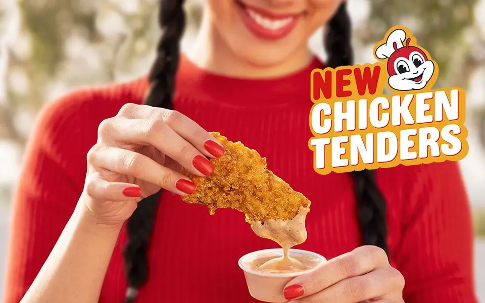 Jollibee New Chicken Tenders with a girl smiling holding a chicken tender with signature dip