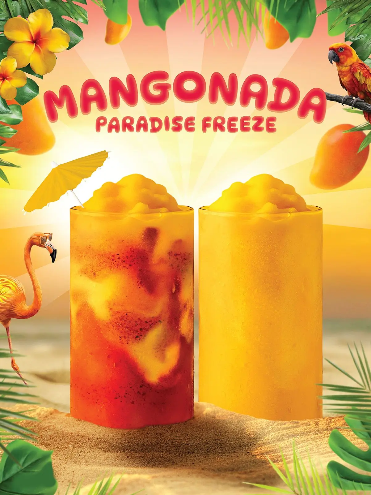 Mangonada & Mango Freeze drinks in a tropical background with 'MANGONADA PARADISE FREEZE' text