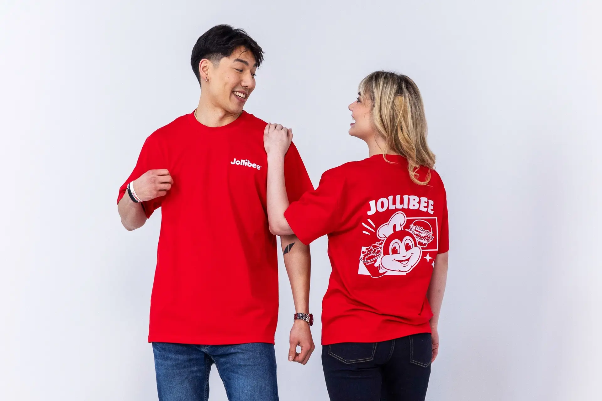 Guy and girl wearing Jollibee merch Retro Red T-Shirt